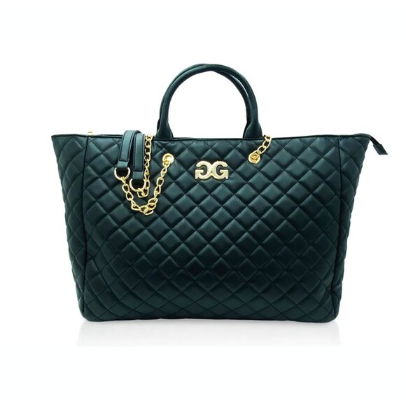Gilda Paris Handbags - Gilda Paris Large Quilted Tote Bag black vegan leather and gold accents